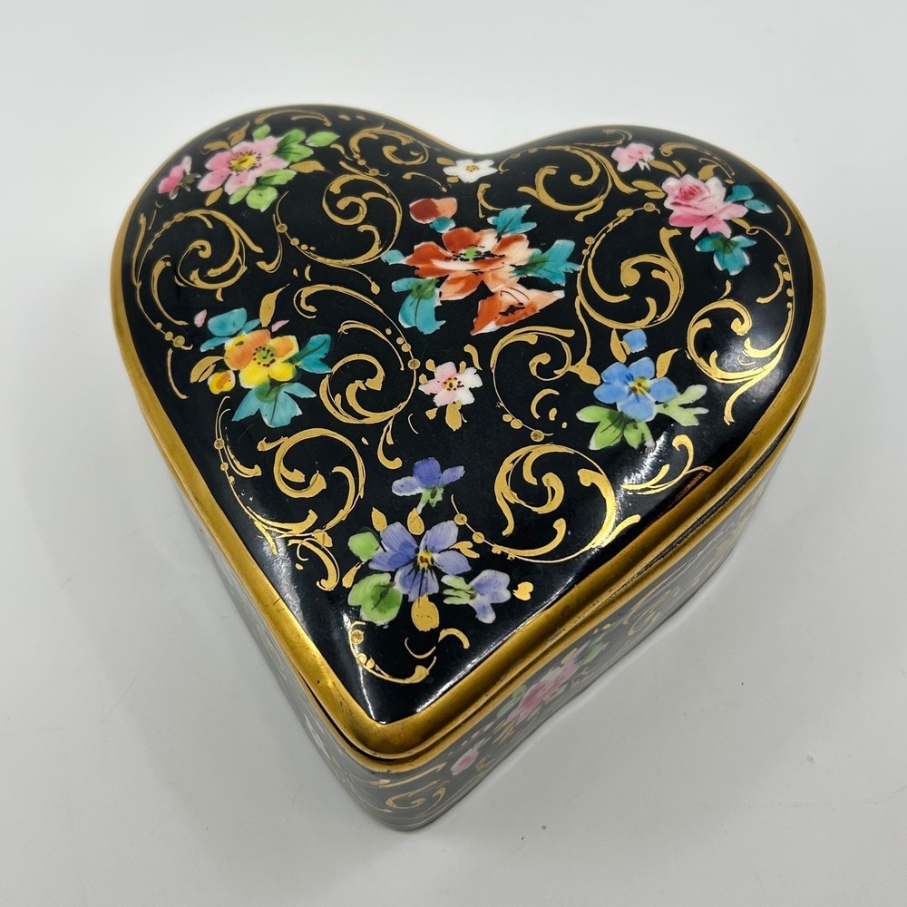 Vintage Handpainted Osborne Heart Box Trinket Box Gift Box Black Gold Floral